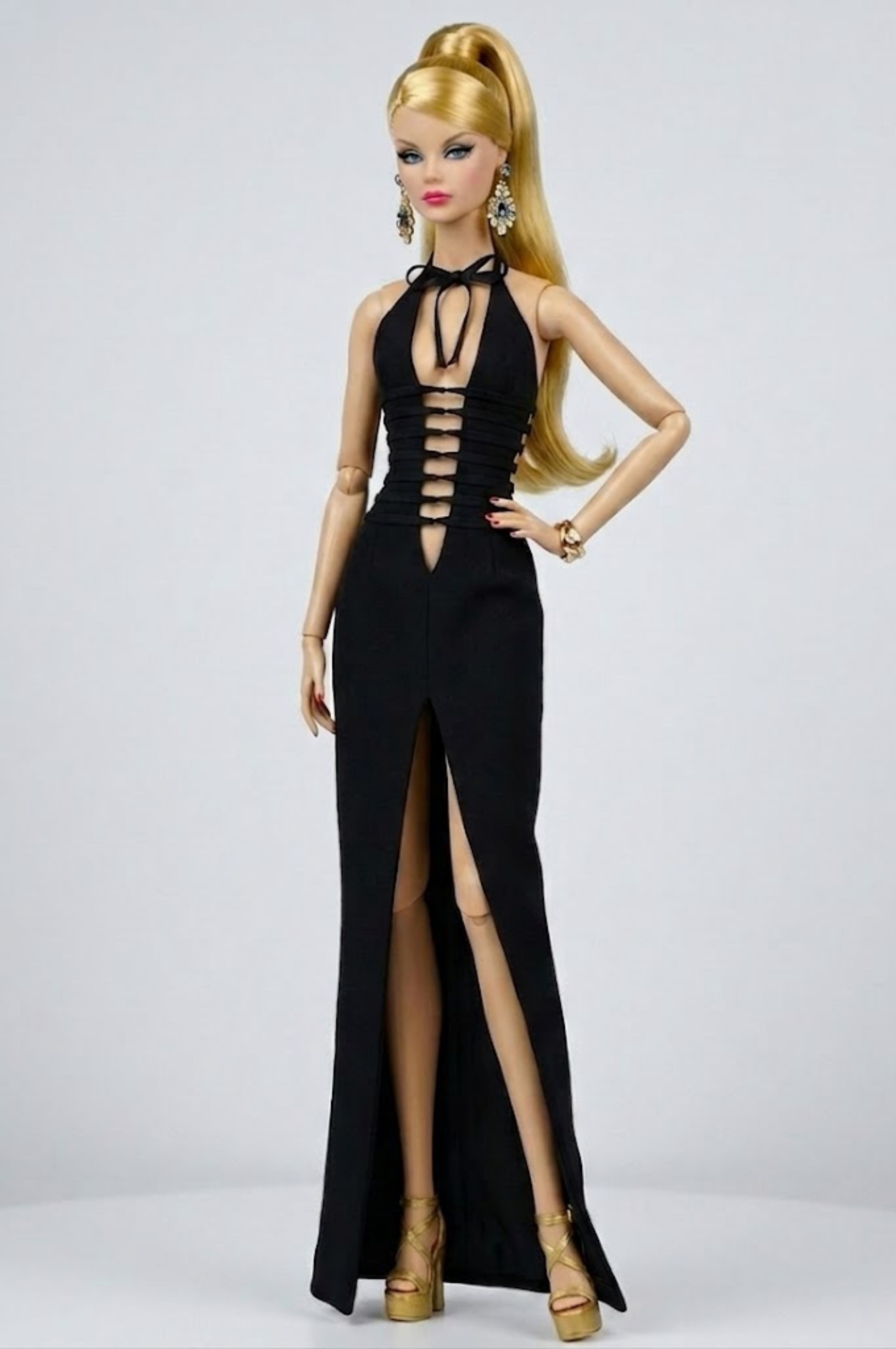STYLISH WIDOW | Black Cut-Out Halter Gown for Fashion Royalty 6.0 Doll – Sexy Evening Dress, High Slit, Statement Doll Clothes by Plastik Tiara