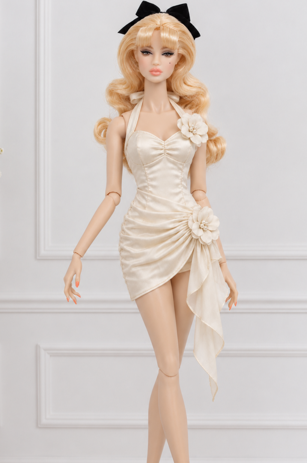 BLOOSOM RADIANT | Champagne Ivory Satin Rosette Mini Dress for Fashion Royalty doll clothes | PLASTIKTIARA