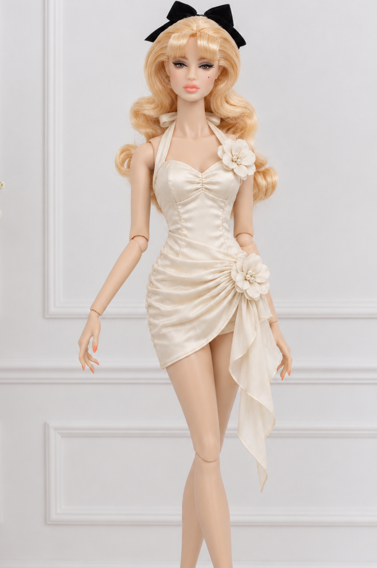 BLOOSOM RADIANT | Champagne Ivory Satin Rosette Mini Dress for Fashion Royalty doll clothes | PLASTIKTIARA
