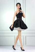 BASIC | Black Bow Cocktail Dress for 12” Fashion Dolls – Elegant Layered Mini Dress with Belt & Tulle Underskirt