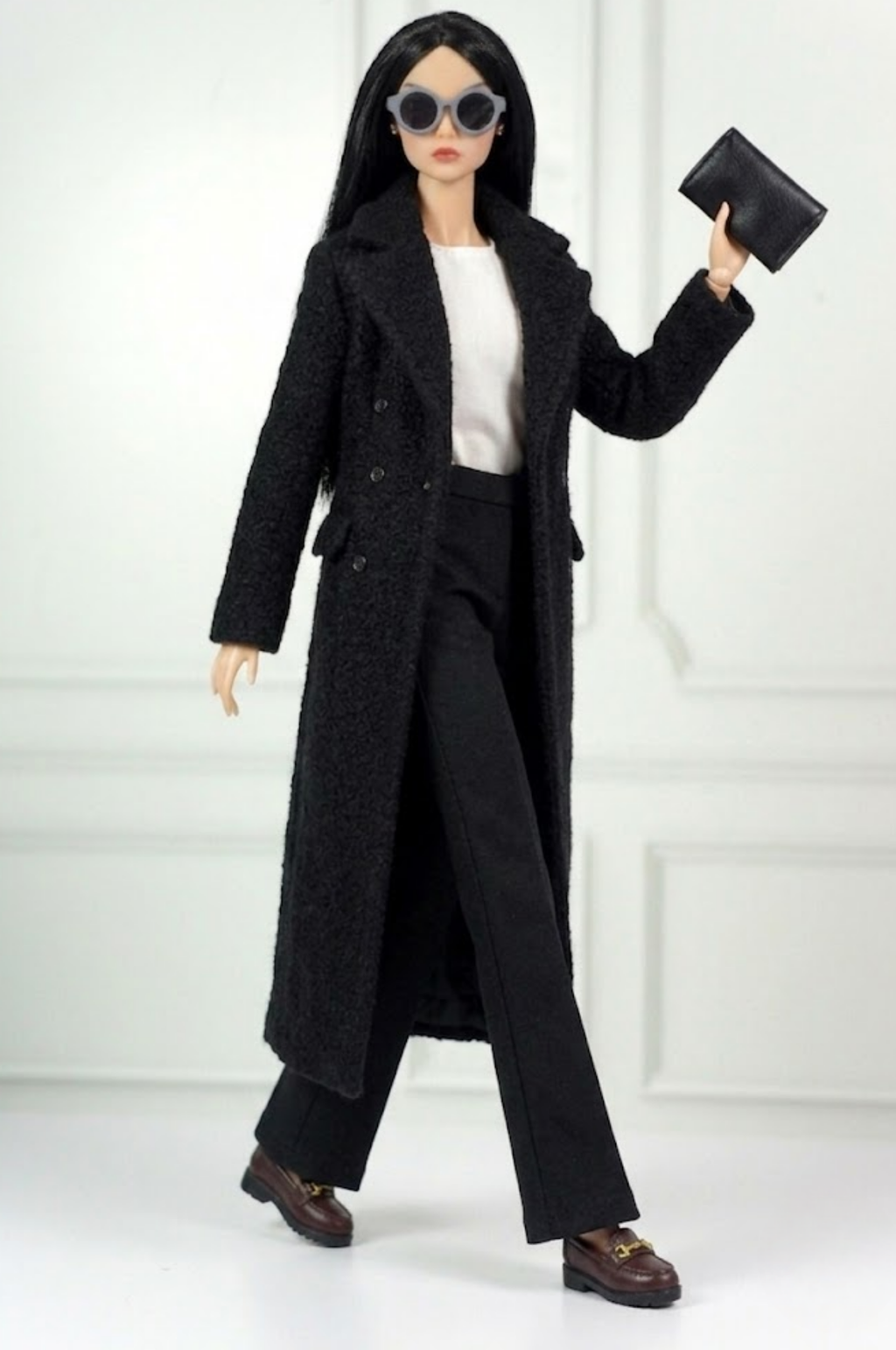 BASIC| Black Bouclé Long Coat Outfit Set for 12” Fashion Dolls – Minimalist Chic Doll Clothes with Tailored Pants & Tee