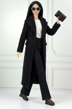 BASIC| Black Bouclé Long Coat Outfit Set for 12” Fashion Dolls – Minimalist Chic Doll Clothes with Tailored Pants & Tee
