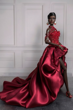 OOAK | Burgundy Couture High-Low Gown for Fashion Royalty 6.0 Dolls – Handmade Evening Dress | Plastiktiara