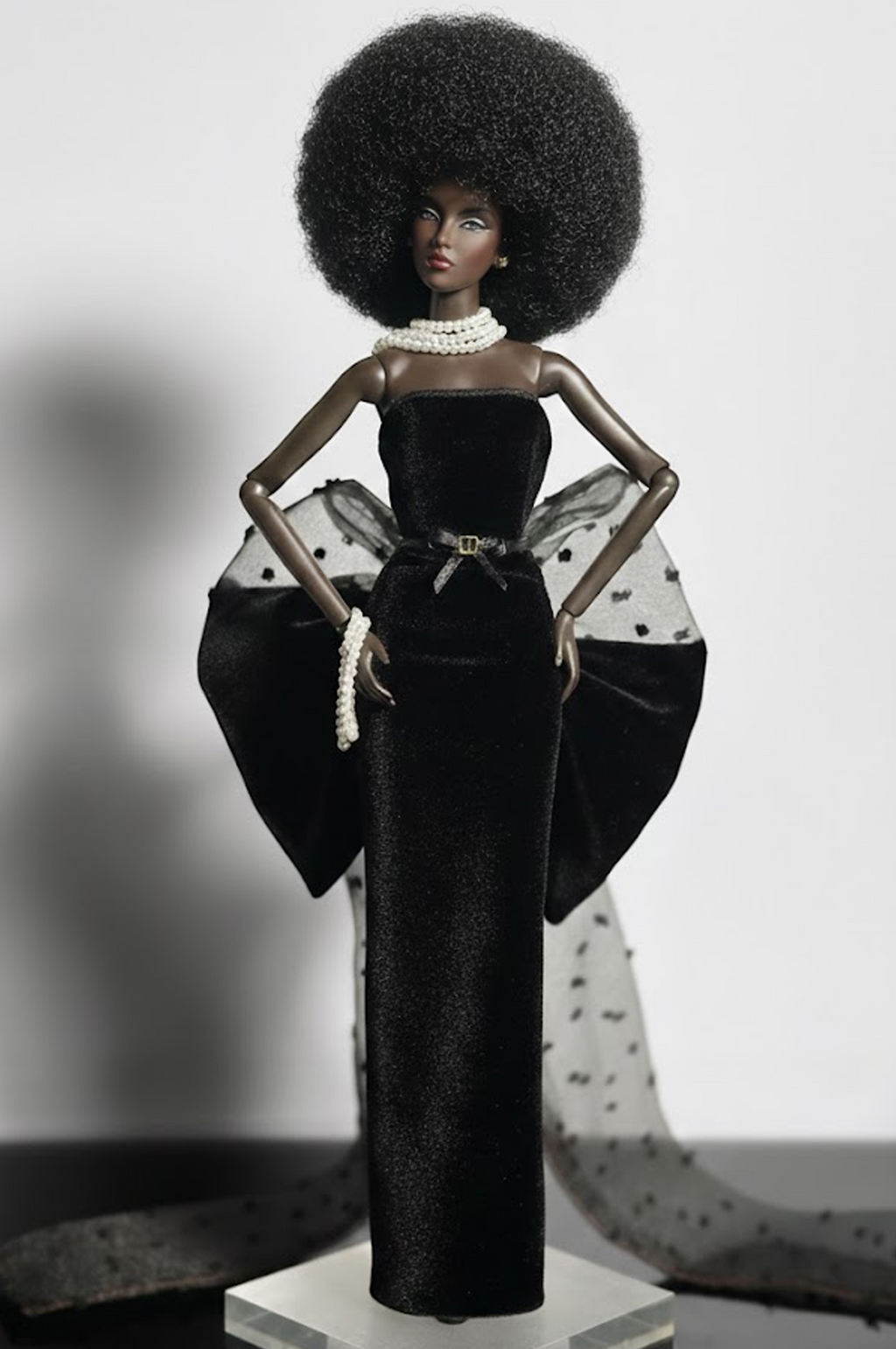 BASIC | Midnight Pearl Gown – 1/6 High Fashion doll clothes | Black Velvet Evening Dress with Tulle Bow Train