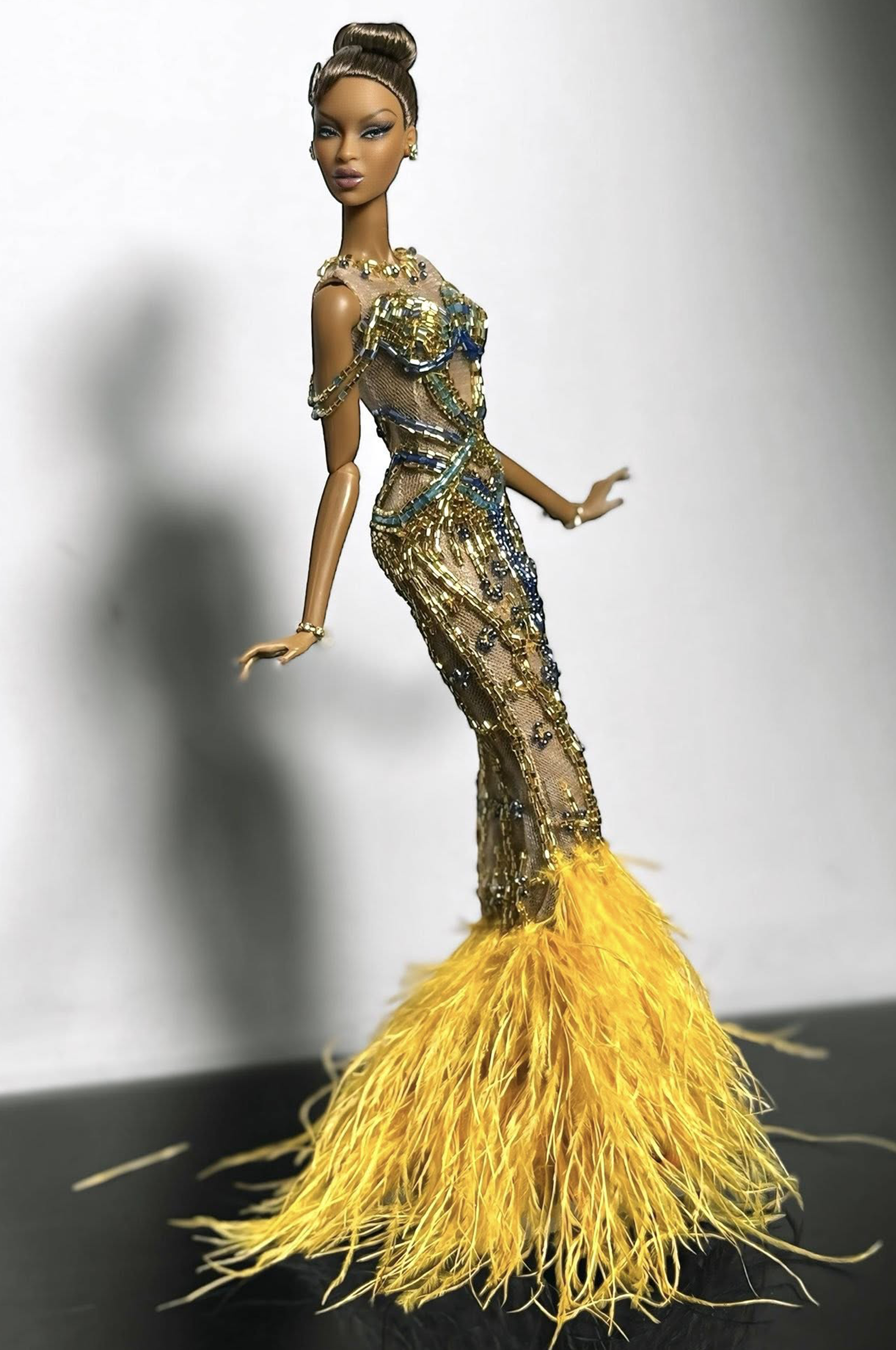 OOAK | Golden Mirage Gown – 1/6 High Fashion doll clothes| Couture Beaded Evening Dress with Feather Hem