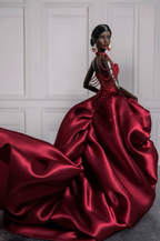 OOAK | Burgundy Couture High-Low Gown for Fashion Royalty 6.0 Dolls – Handmade Evening Dress | Plastiktiara