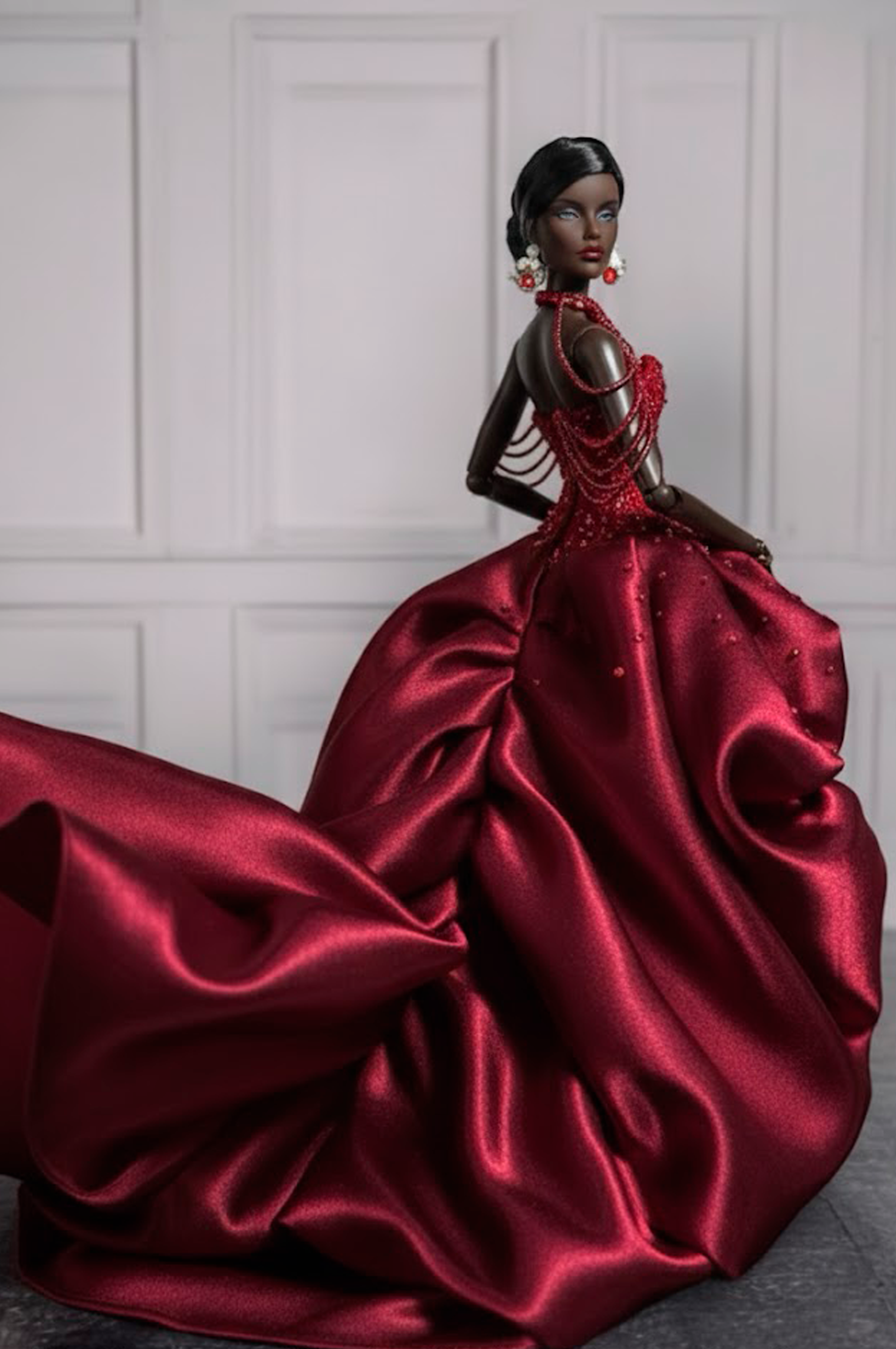 OOAK | Burgundy Couture High-Low Gown for Fashion Royalty 6.0 Dolls – Handmade Evening Dress | Plastiktiara