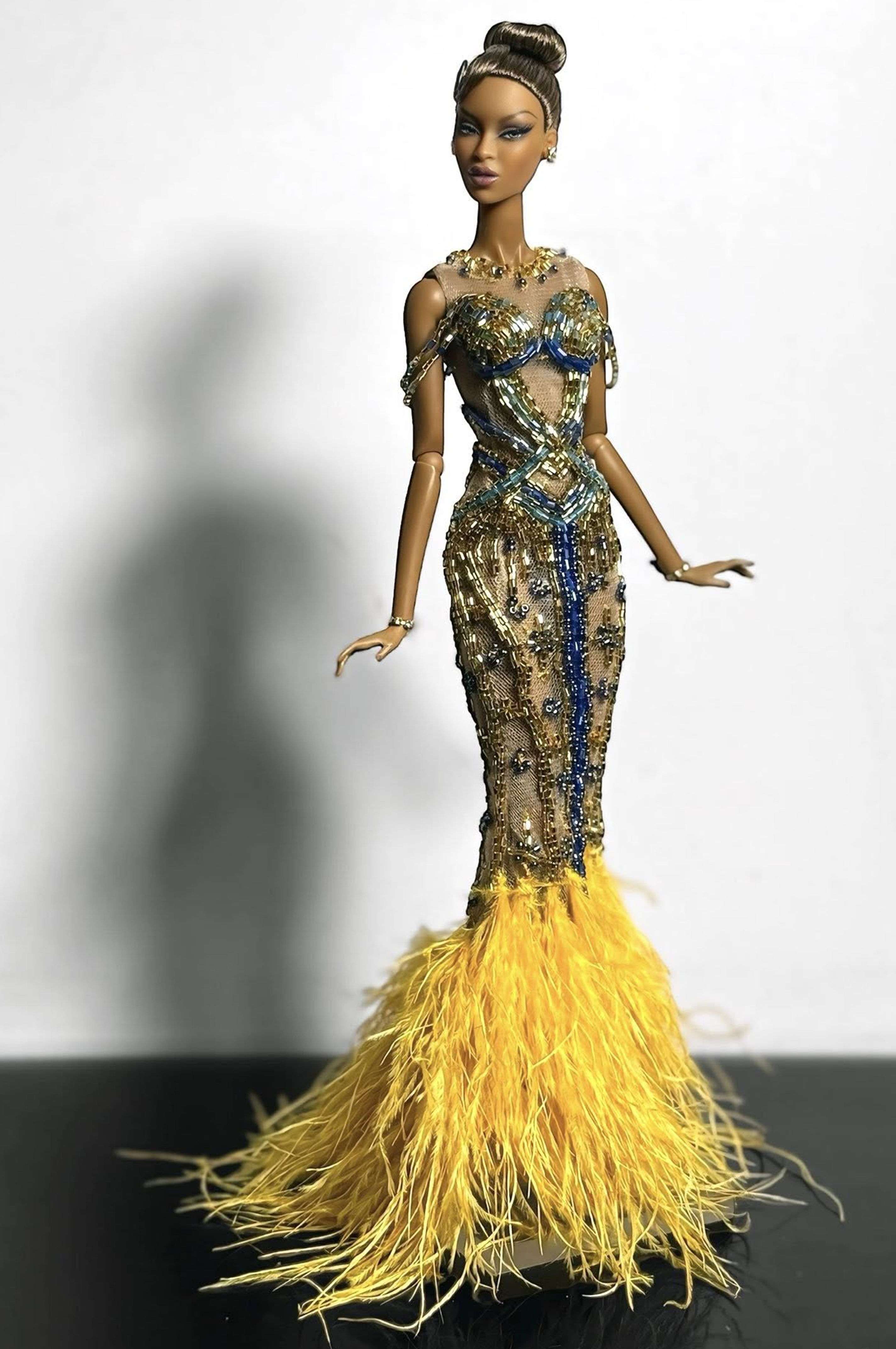 OOAK | Golden Mirage Gown – 1/6 High Fashion doll clothes| Couture Beaded Evening Dress with Feather Hem
