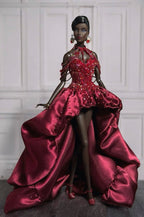 OOAK | Burgundy Couture High-Low Gown for Fashion Royalty 6.0 Dolls – Handmade Evening Dress | Plastiktiara