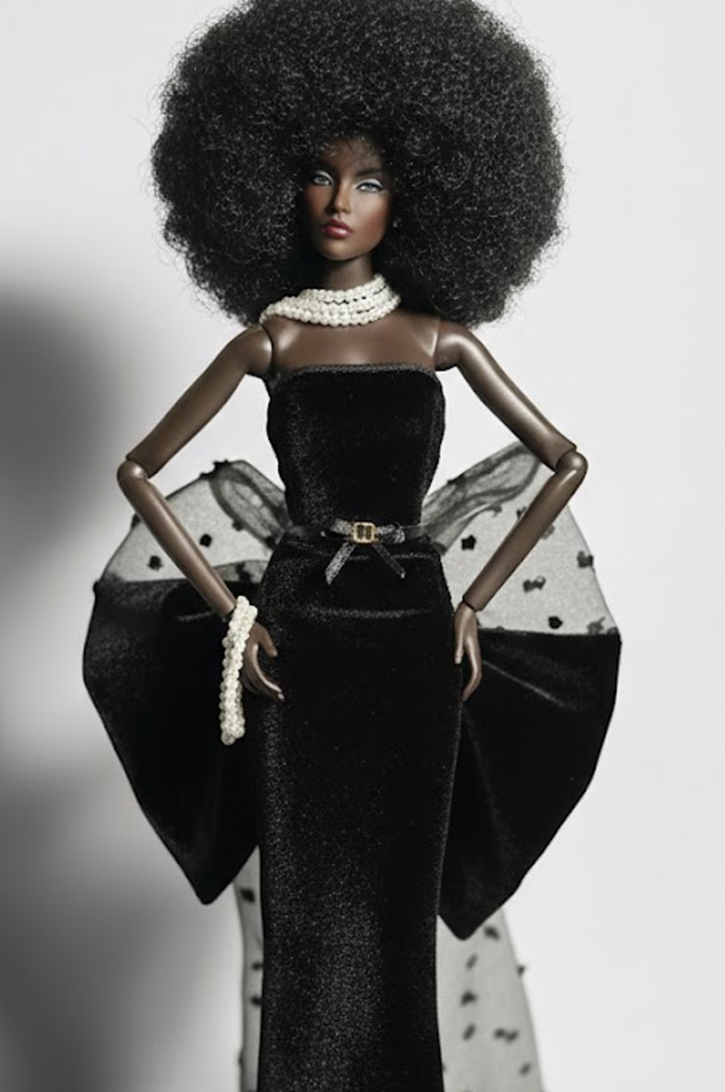 BASIC | Midnight Pearl Gown – 1/6 High Fashion doll clothes | Black Velvet Evening Dress with Tulle Bow Train