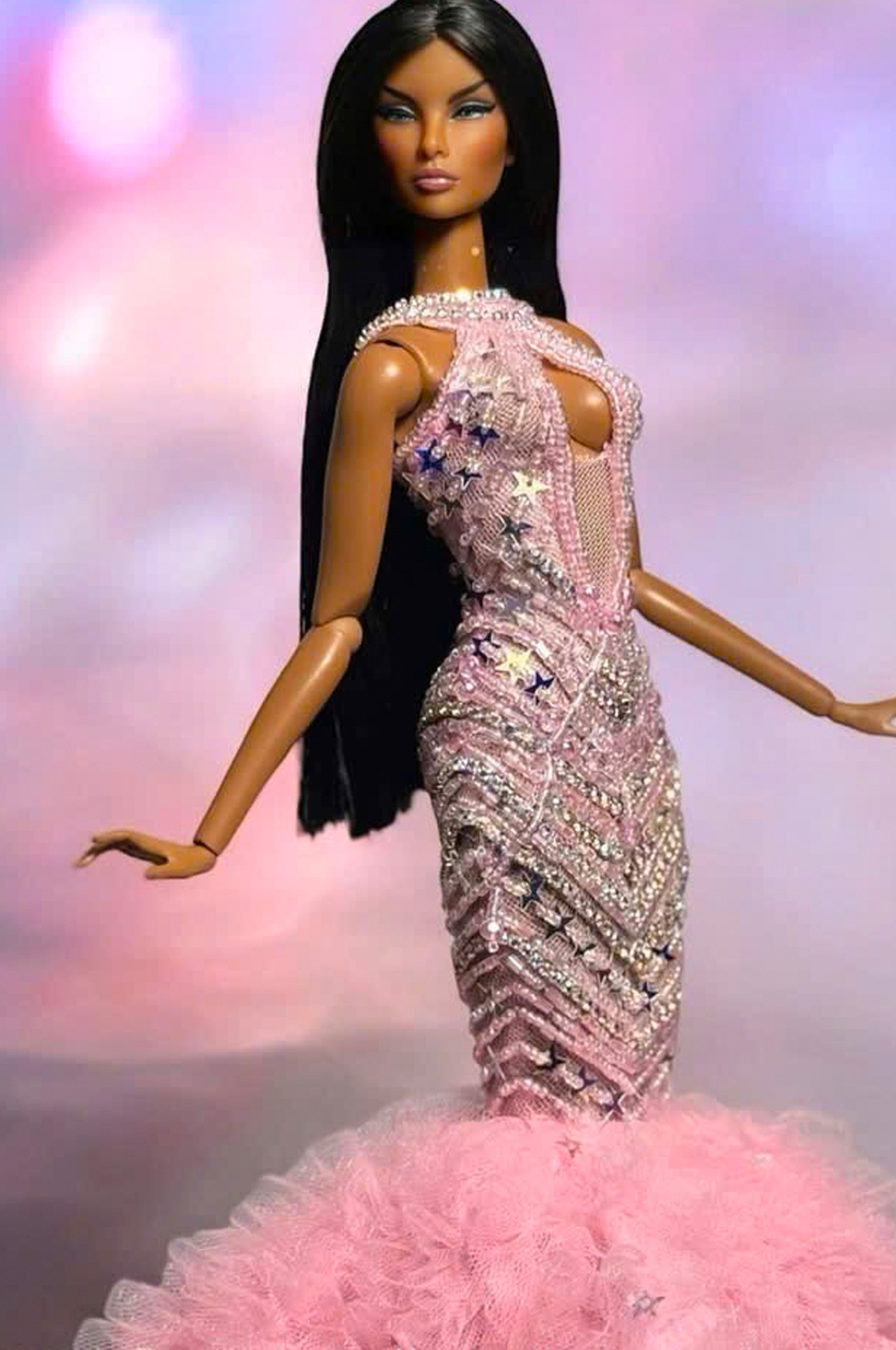 OOAK | Blush Stardust Mermaid Gown – 1/6 High Fashion doll clothes | Evening Couture Dress for 1/6 Scale Dolls – Plastiktiara