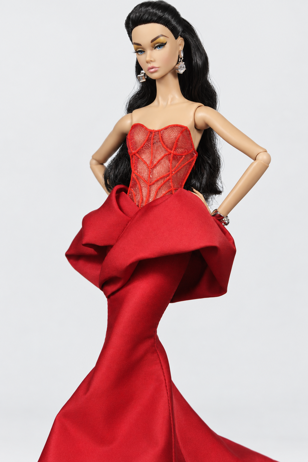 MODERN SENSUAL | Crimson Sculpted Corset Gown for 12” Fashion Dolls | Couture Mermaid Dress | Fashion Royalty 6.0 Doll Clothes