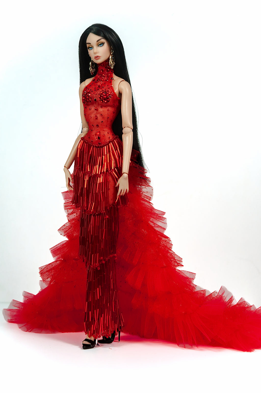 HAUTE | Crimson Inferno Beaded Gown for 1/6 Scale Fashion Doll | Red Couture Gown | PLASTIKTIARA