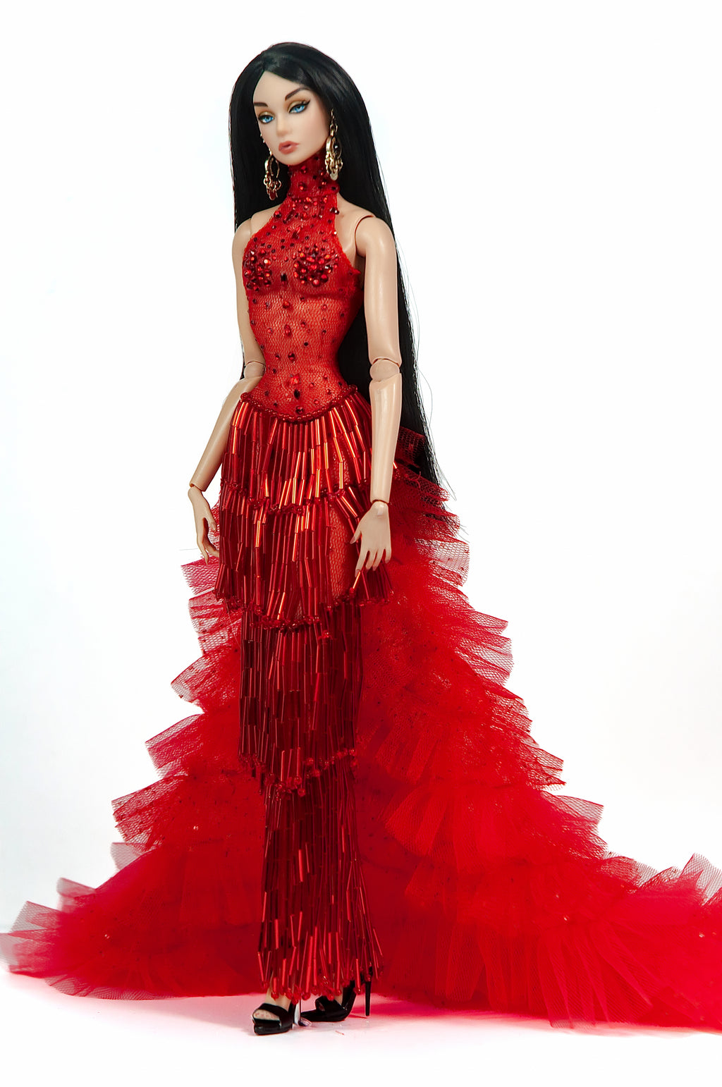HAUTE | Crimson Inferno Beaded Gown for 1/6 Scale Fashion Doll | Red Couture Gown | PLASTIKTIARA