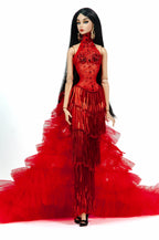 HAUTE | Crimson Inferno Beaded Gown for 1/6 Scale Fashion Doll | Red Couture Gown | PLASTIKTIARA