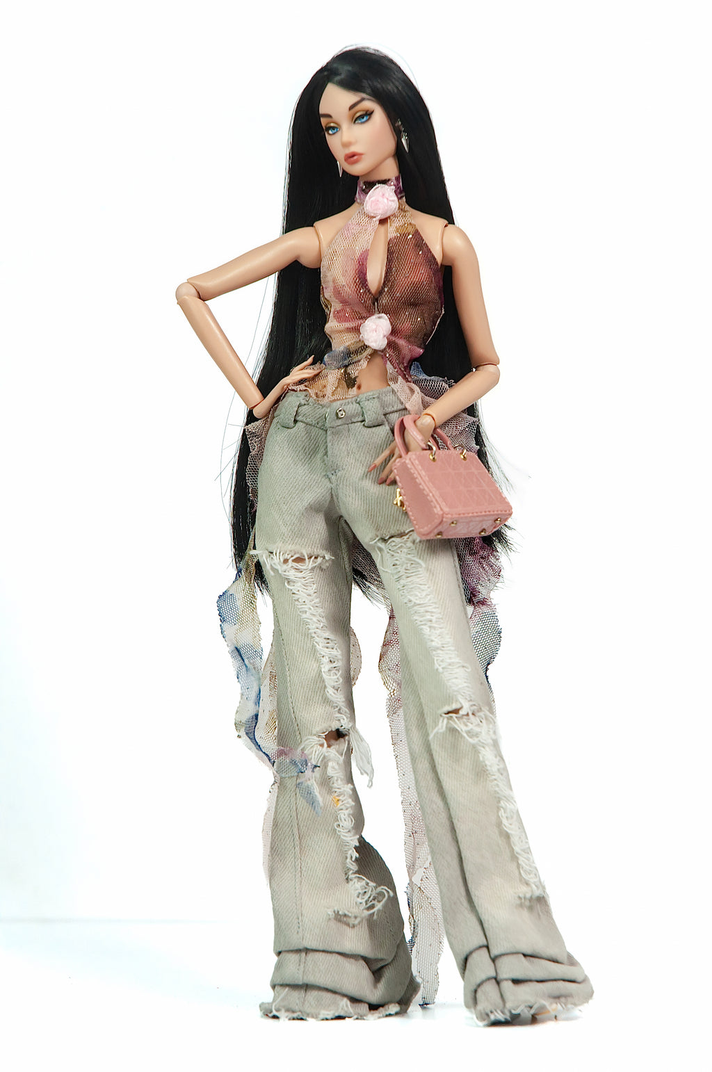 DELUXE | Distressed Denim & Floral Mesh Halter Set | PLASTIKTIARA