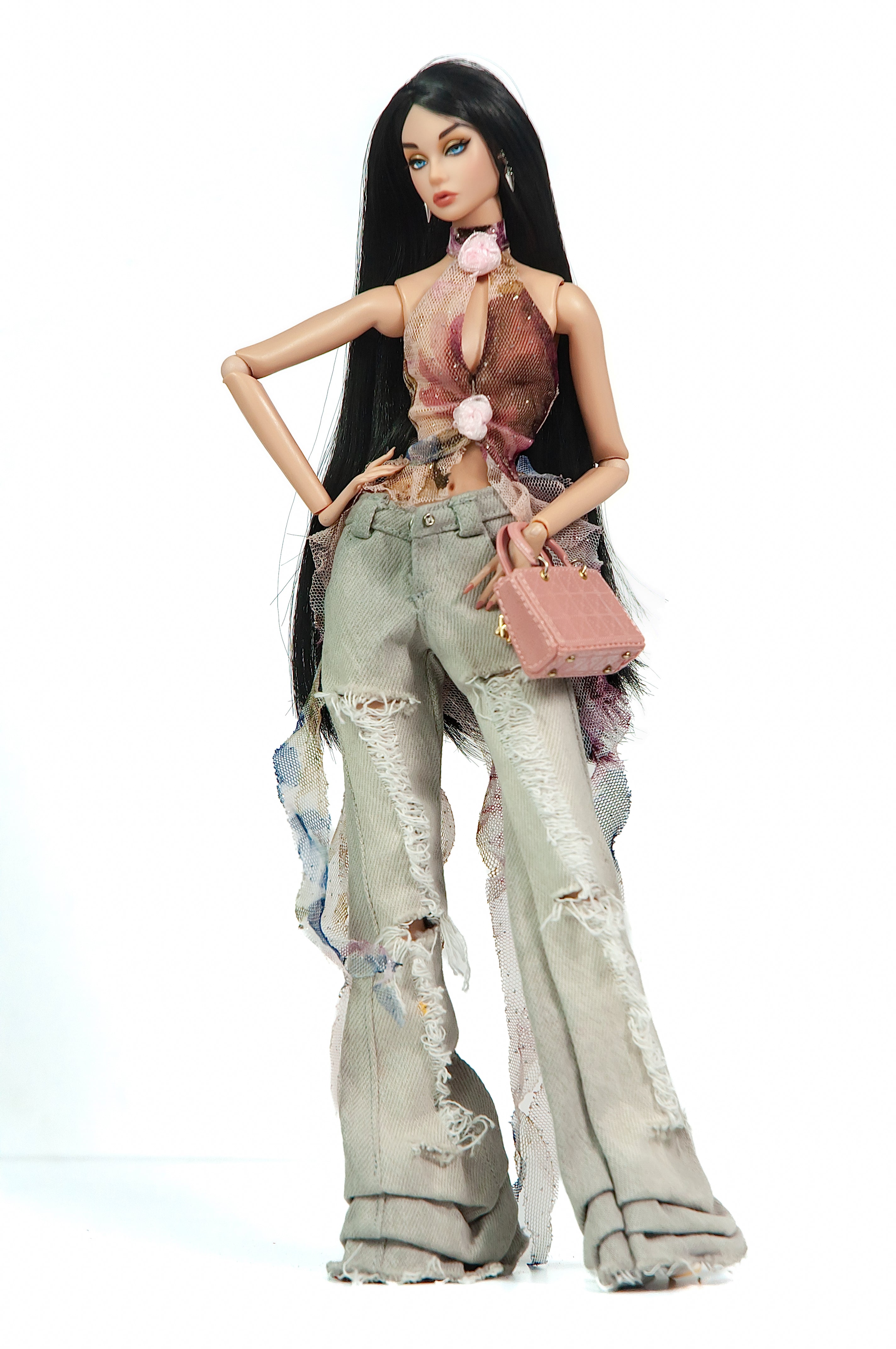 DELUXE | Distressed Denim & Floral Mesh Halter Set | PLASTIKTIARA