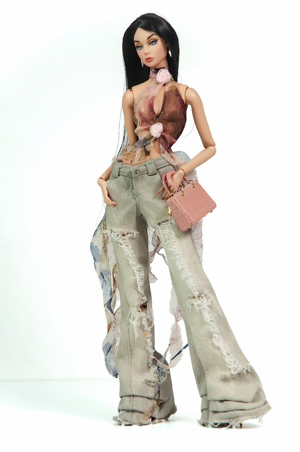 DELUXE | Distressed Denim & Floral Mesh Halter Set | PLASTIKTIARA