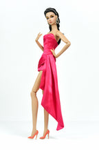 PINK CANON | Hot Pink Satin Mini Dress with Dramatic Train – Fashion Royalty Doll Clothes