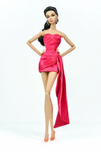 PINK CANON | Hot Pink Satin Mini Dress with Dramatic Train – Fashion Royalty Doll Clothes