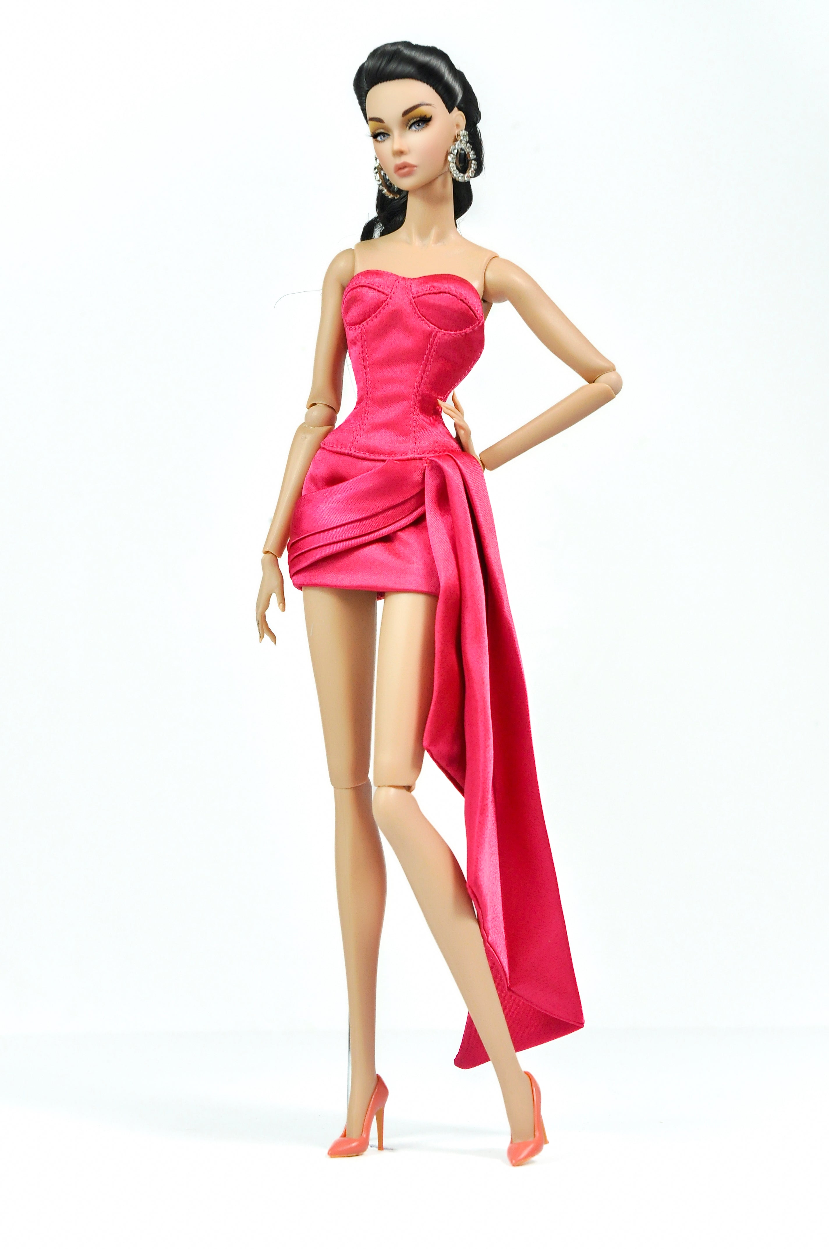 PINK CANON | [Deposit only] - Hot Pink Satin Mini Dress with Dramatic Train – Fashion Royalty Doll Clothes