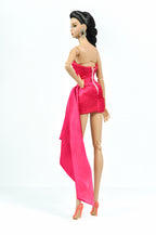 PINK CANON | Hot Pink Satin Mini Dress with Dramatic Train – Fashion Royalty Doll Clothes