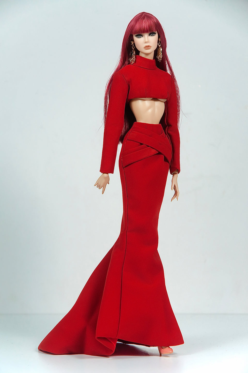 BASIC| Scarlet Elegance Set – Fashion Royalty 6.0 Doll Clothes | Red Crop Top & Mermaid Skirt with Train | Handmade 1/6 Scale Outfit