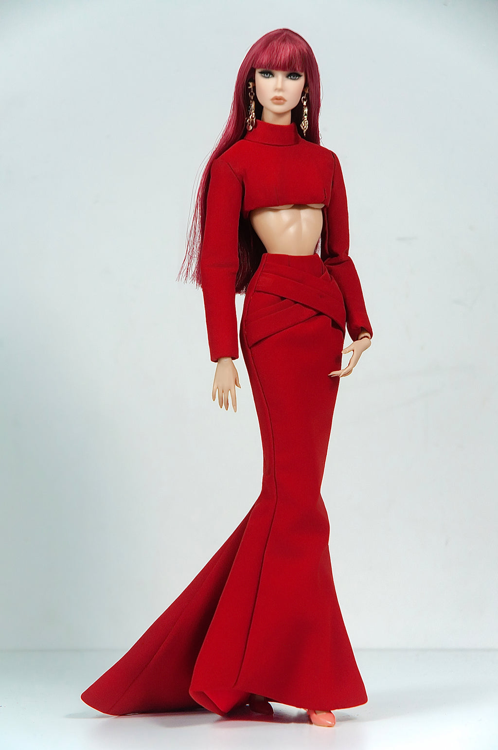 BASIC| Scarlet Elegance Set – Fashion Royalty 6.0 Doll Clothes | Red Crop Top & Mermaid Skirt with Train | Handmade 1/6 Scale Outfit