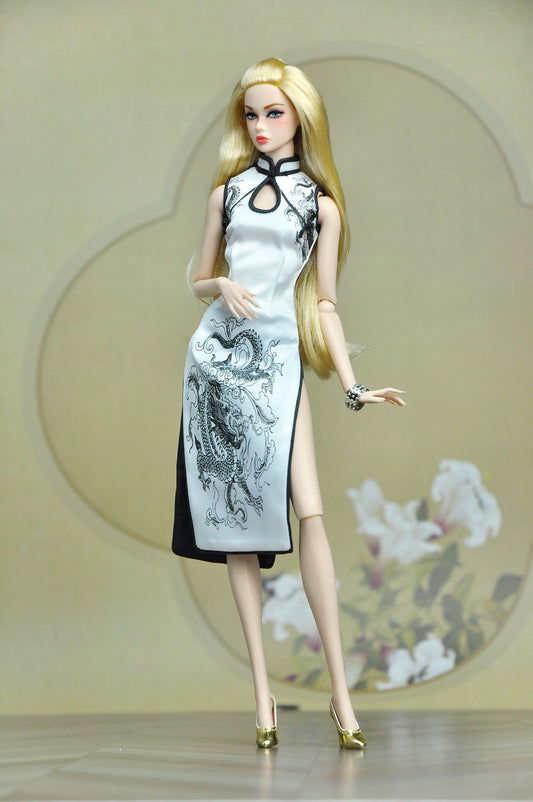 A Oriental Silhouette Collection | White Cheongsam for Fashion Royalty 6.0 doll clothes high slit with contrast details