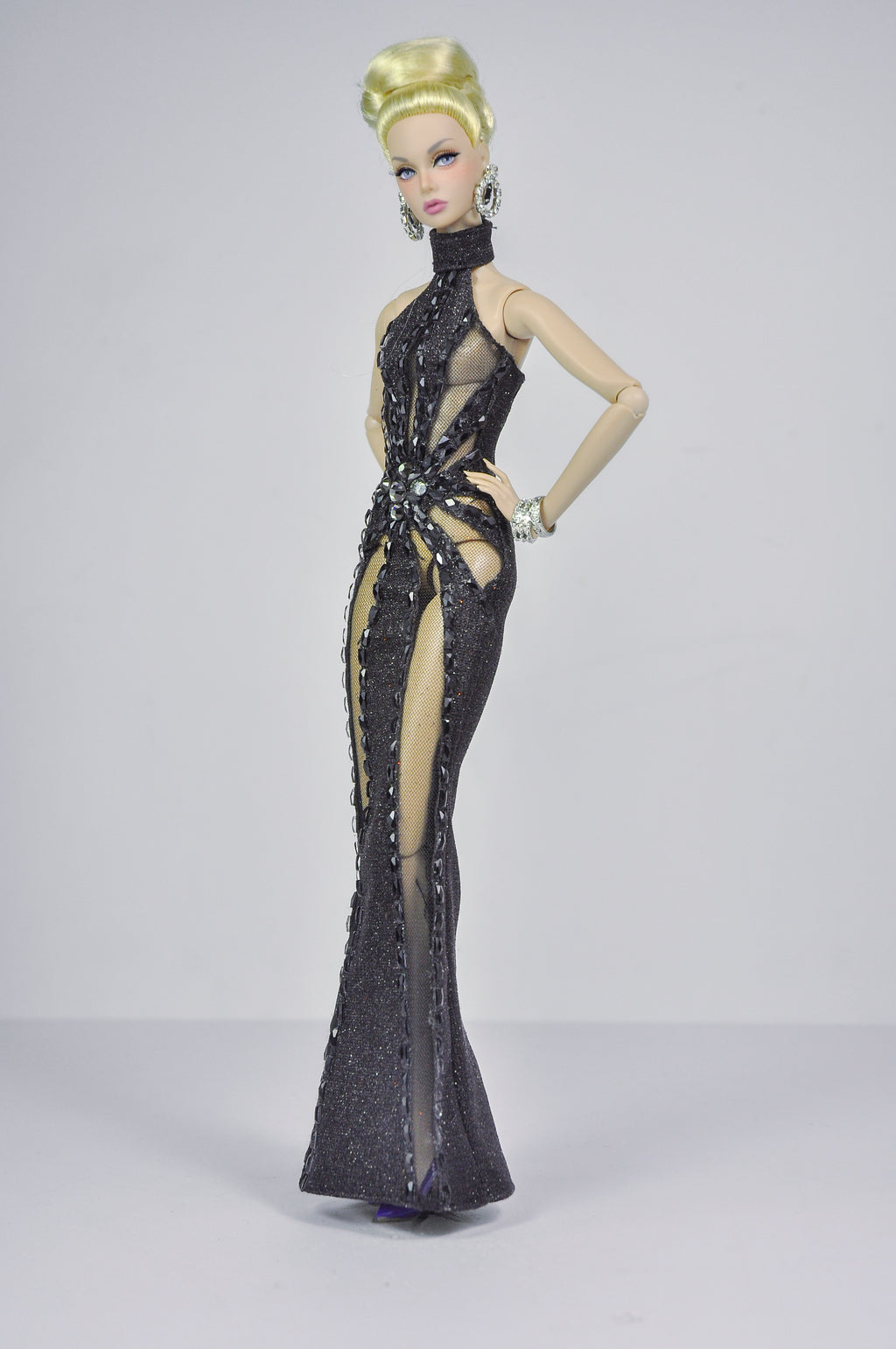 STUDO FLASHIN' | Crystal Halter Gown for Fashion Royalty 12” Dolls | Handmade 1/6 Scale Doll Evening Dress