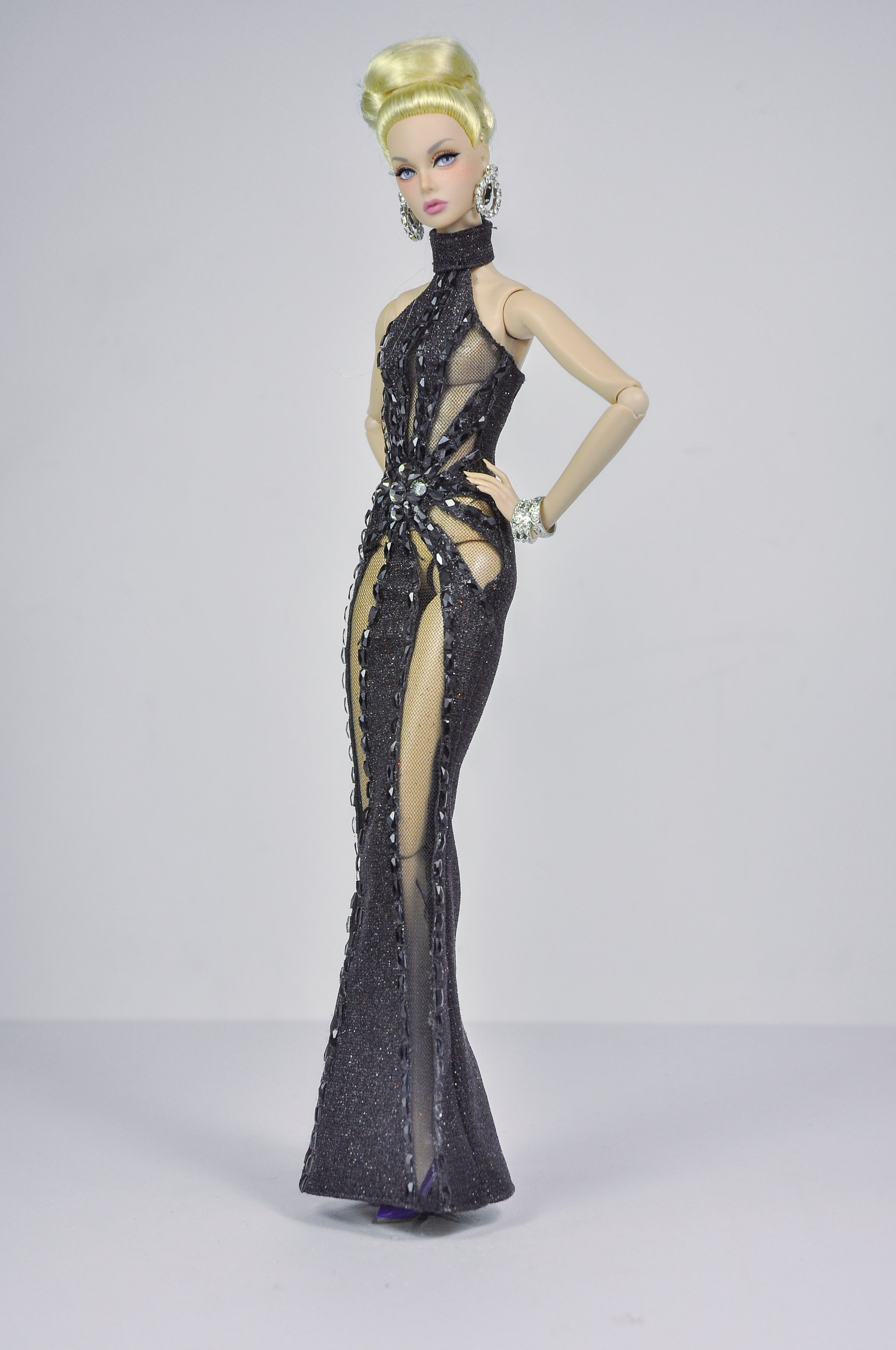 STUDO FLASHIN' | Crystal Halter Gown for Fashion Royalty 12” Dolls | Handmade 1/6 Scale Doll Evening Dress