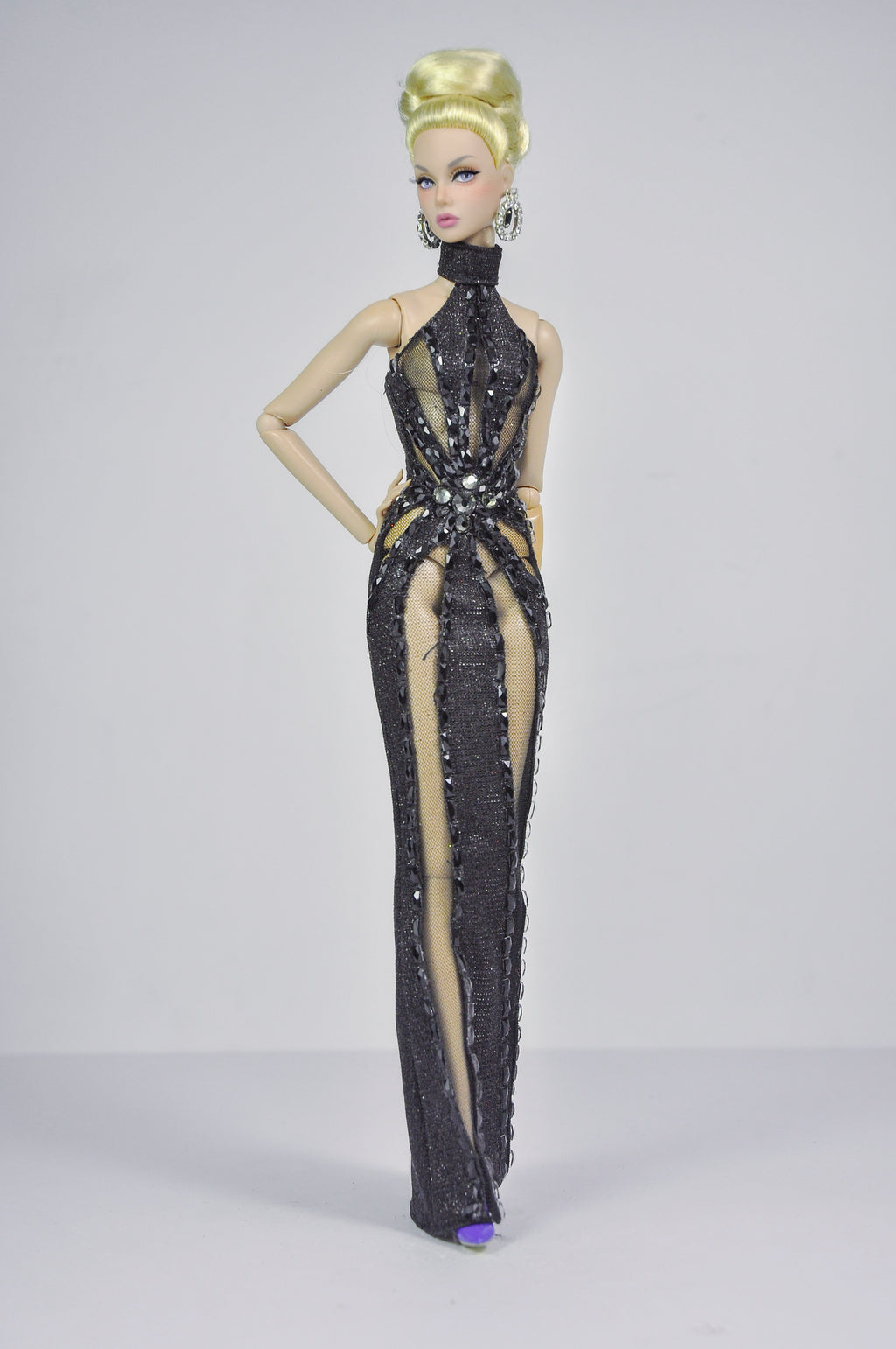 STUDO FLASHIN' | Crystal Halter Gown for Fashion Royalty 12” Dolls | Handmade 1/6 Scale Doll Evening Dress