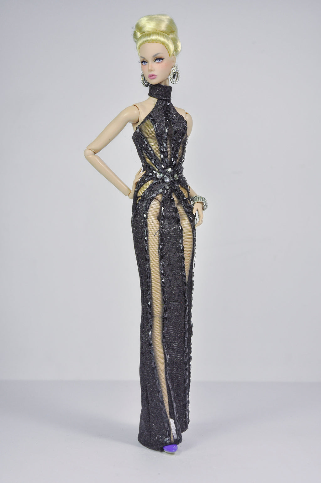 STUDO FLASHIN' | Crystal Halter Gown for Fashion Royalty 12” Dolls | Handmade 1/6 Scale Doll Evening Dress