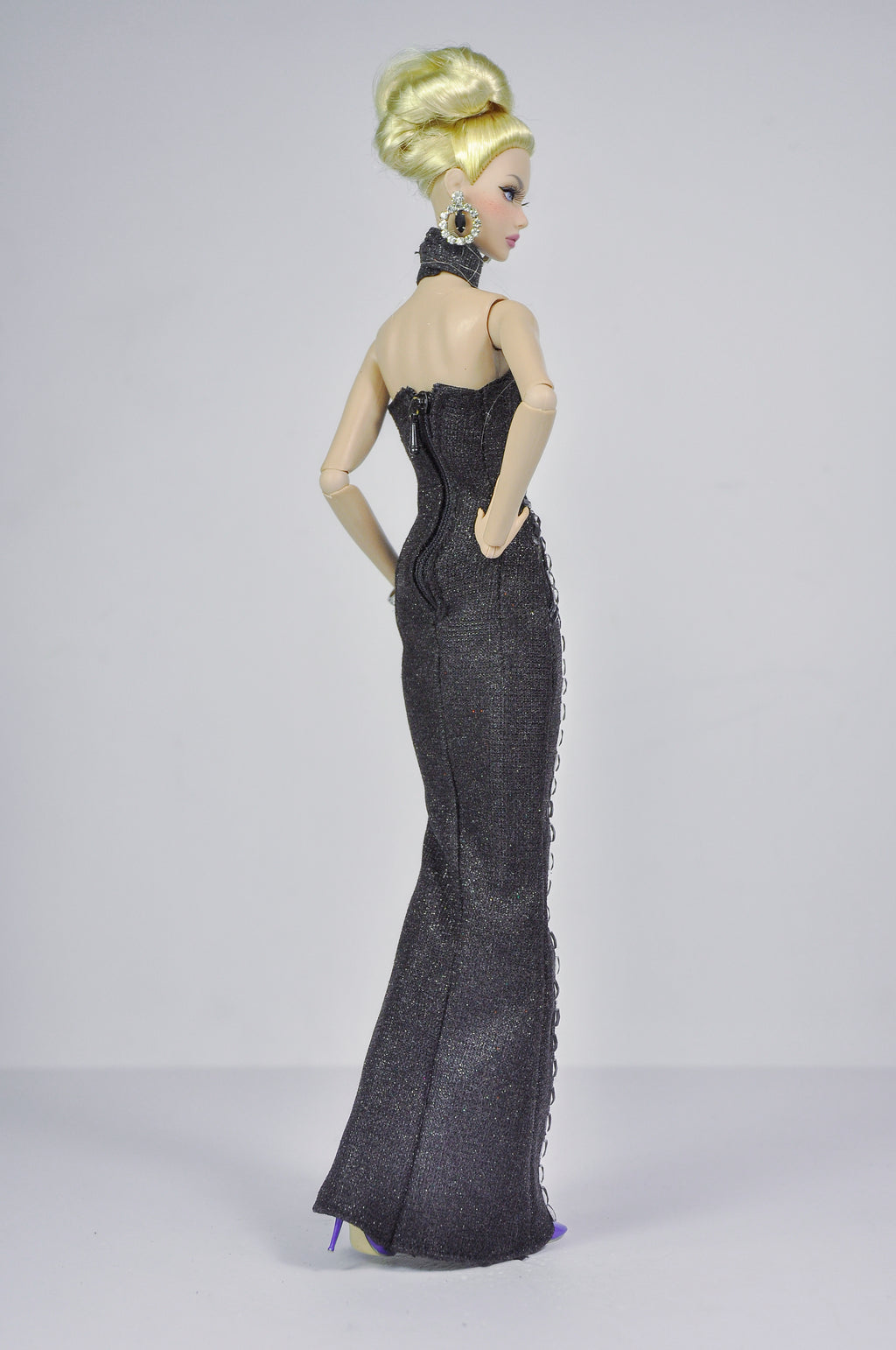 STUDO FLASHIN' | Crystal Halter Gown for Fashion Royalty 12” Dolls | Handmade 1/6 Scale Doll Evening Dress