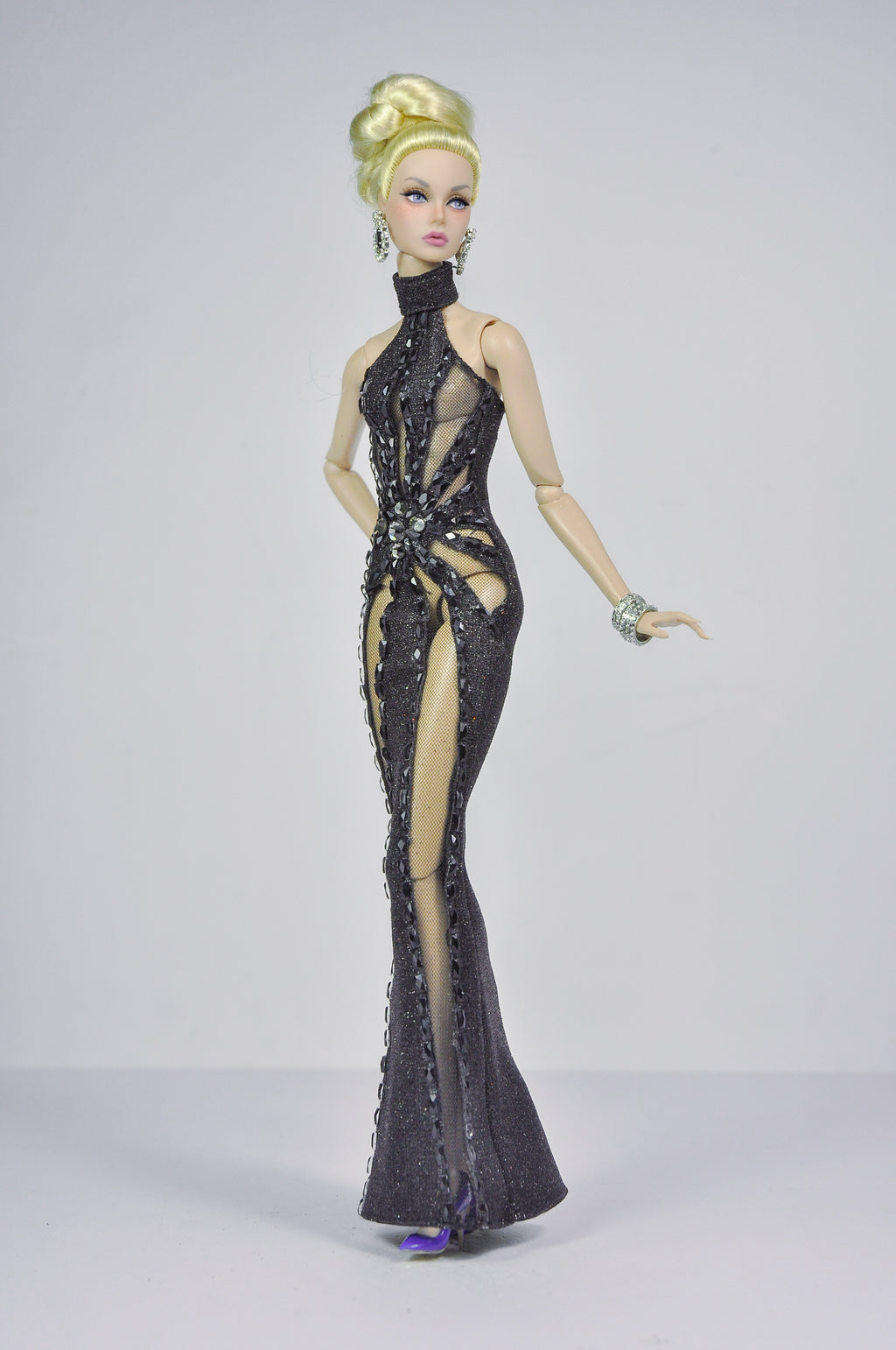 STUDO FLASHIN' | Crystal Halter Gown for Fashion Royalty 12” Dolls | Handmade 1/6 Scale Doll Evening Dress
