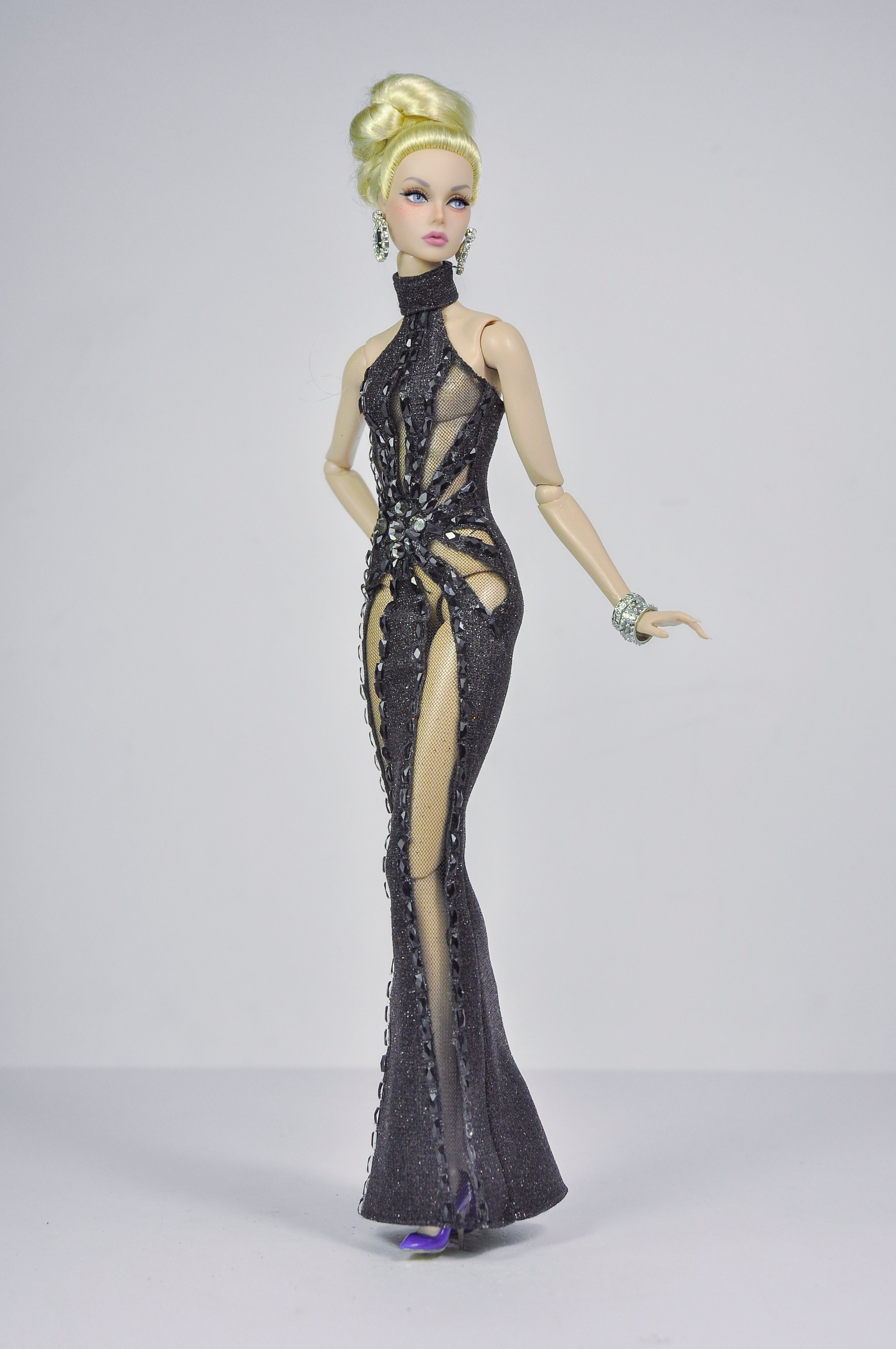 STUDO FLASHIN' | Crystal Halter Gown for Fashion Royalty 12” Dolls | Handmade 1/6 Scale Doll Evening Dress