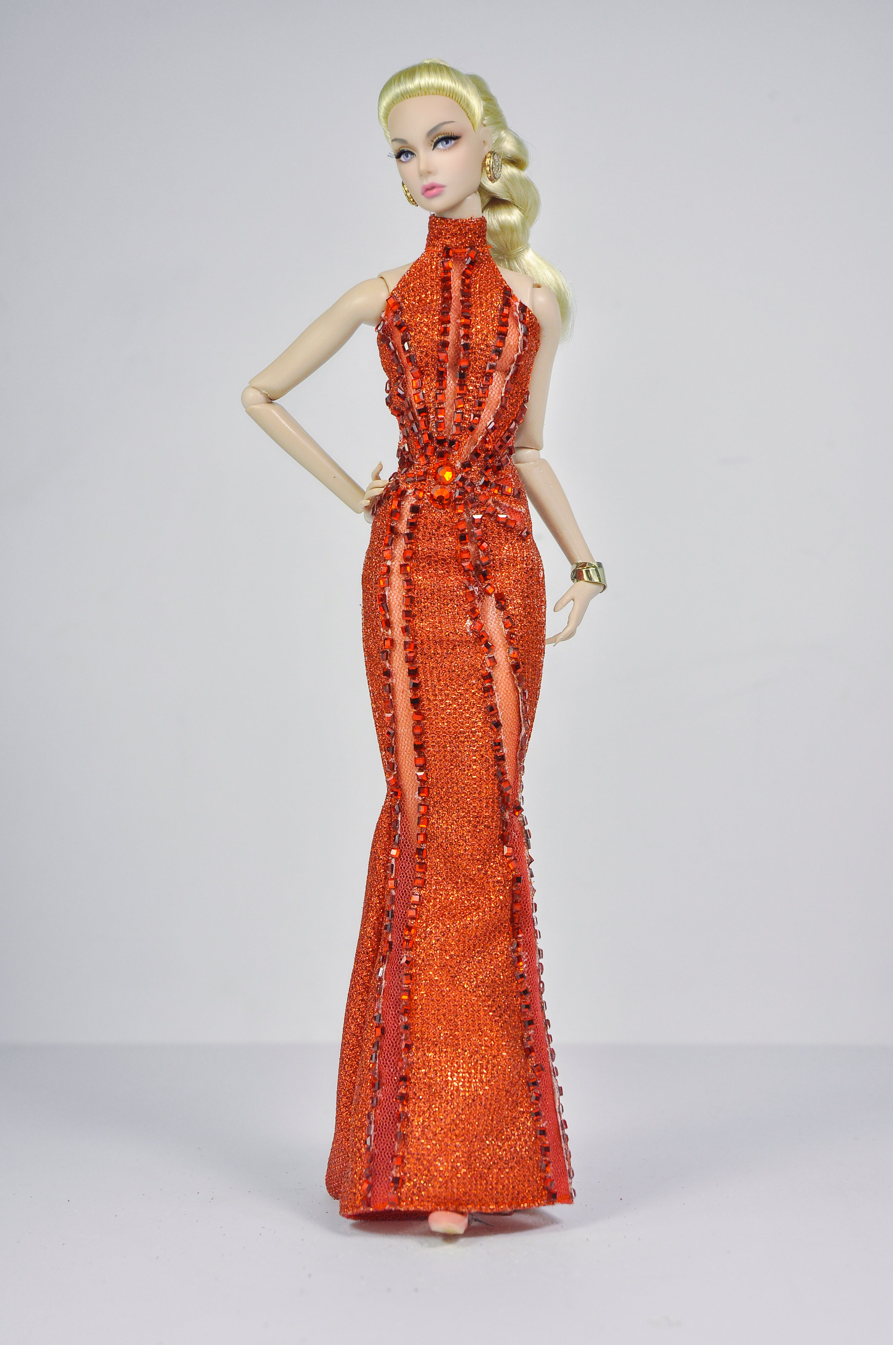 STUDO FLASHIN' | Crystal Halter Gown for Fashion Royalty 12” Dolls | Handmade 1/6 Scale Doll Evening Dress