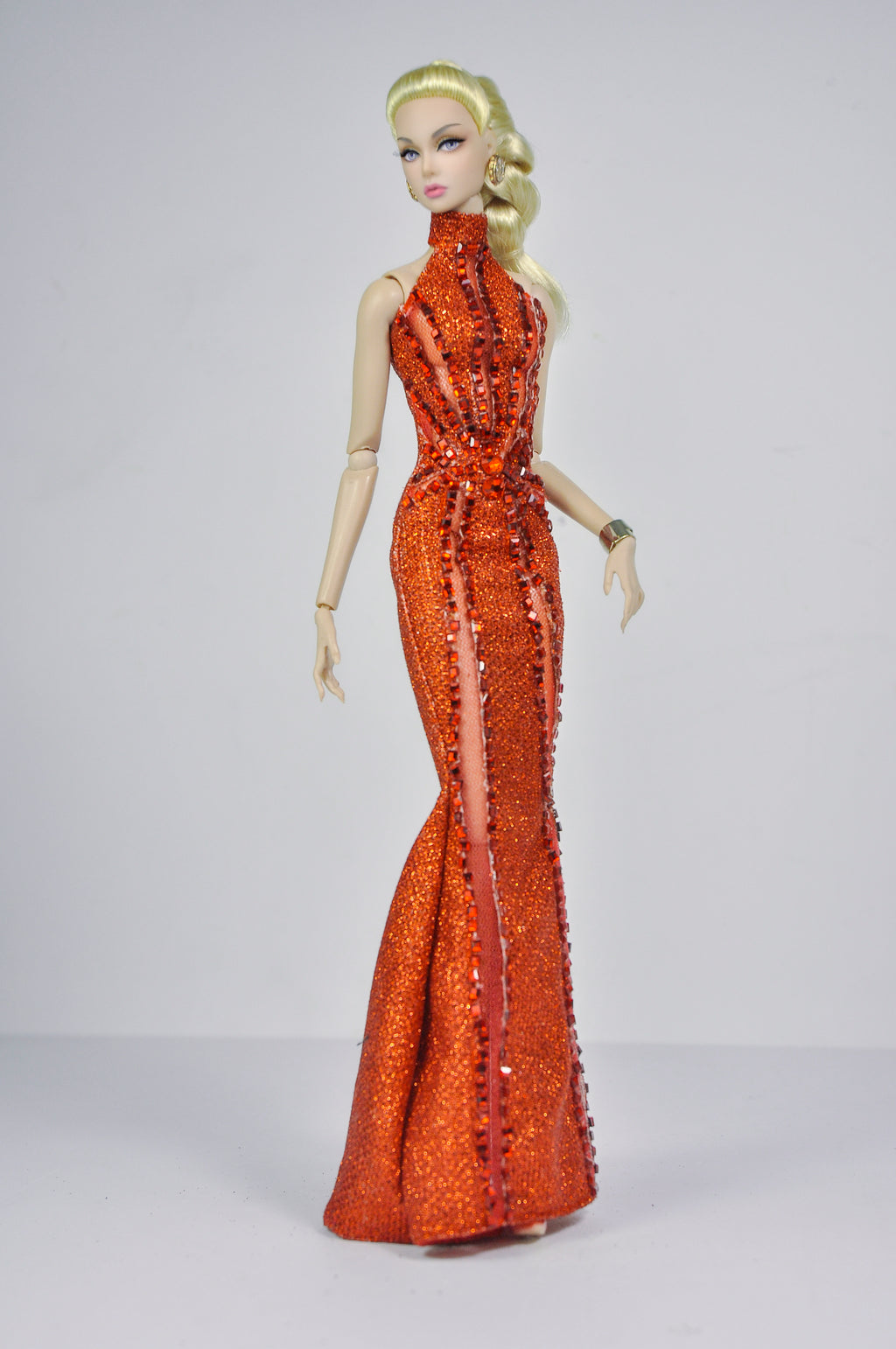 STUDO FLASHIN' | Crystal Halter Gown for Fashion Royalty 12” Dolls | Handmade 1/6 Scale Doll Evening Dress