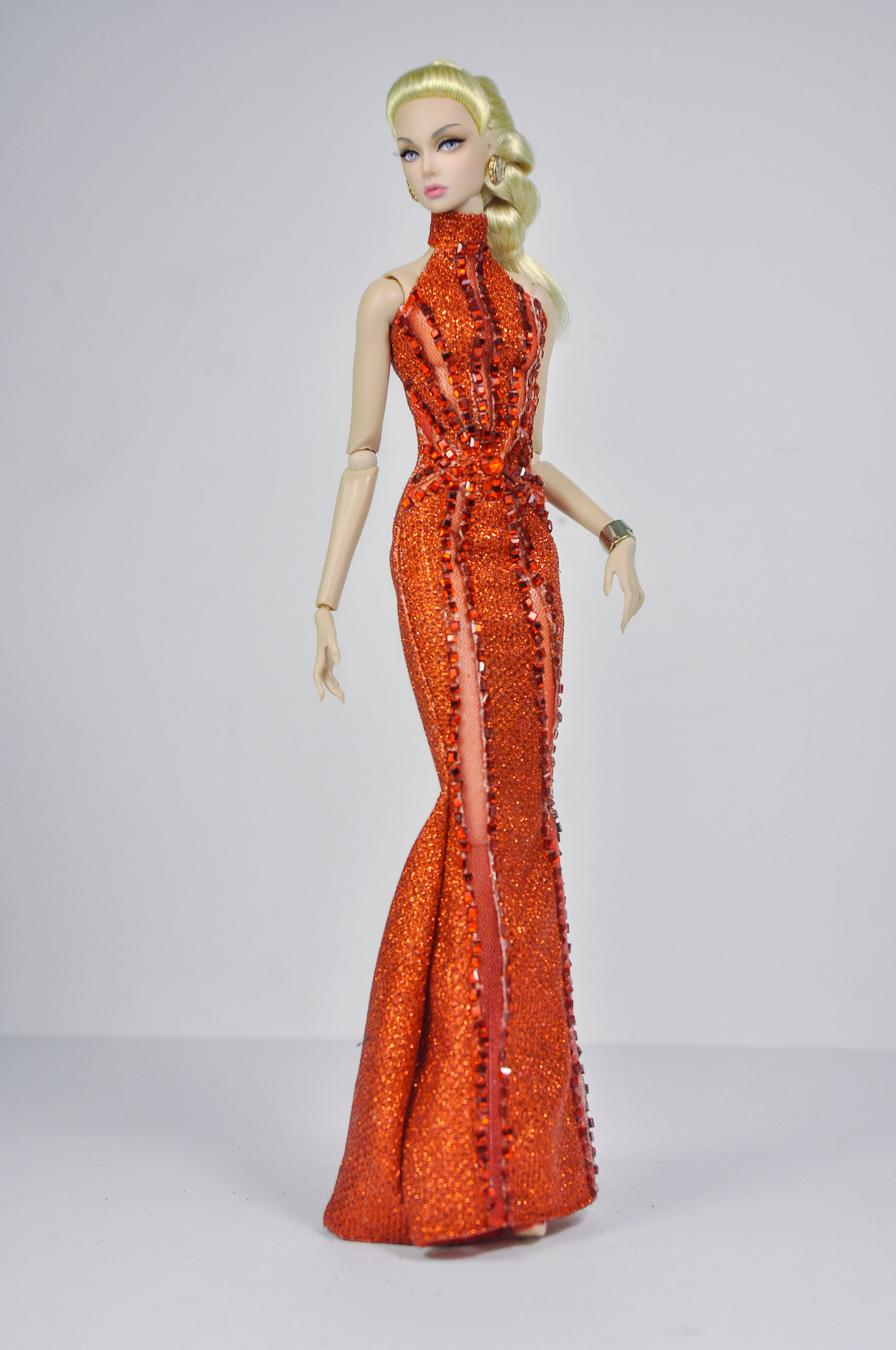 STUDO FLASHIN' | Crystal Halter Gown for Fashion Royalty 12” Dolls | Handmade 1/6 Scale Doll Evening Dress