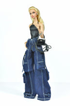 DENIM DIVA | Urban Chic Cargo Set – Fashion Royalty 6.0 Doll Clothes | Black Halter Top & Wide-Leg Denim Pants
