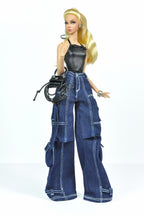 DENIM DIVA | Urban Chic Cargo Set – Fashion Royalty 6.0 Doll Clothes | Black Halter Top & Wide-Leg Denim Pants