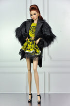 BASIC | Black Faux Fur Coat & Yellow Zipper Dress for Fashion Royalty Dolls | 1/6 Doll Clothes