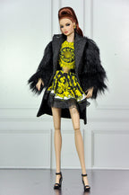 BASIC | Black Faux Fur Coat & Yellow Zipper Dress for Fashion Royalty Dolls | 1/6 Doll Clothes