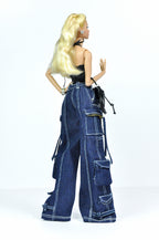 DENIM DIVA | Urban Chic Cargo Set – Fashion Royalty 6.0 Doll Clothes | Black Halter Top & Wide-Leg Denim Pants