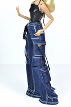 DENIM DIVA | Urban Chic Cargo Set – Fashion Royalty 6.0 Doll Clothes | Black Halter Top & Wide-Leg Denim Pants