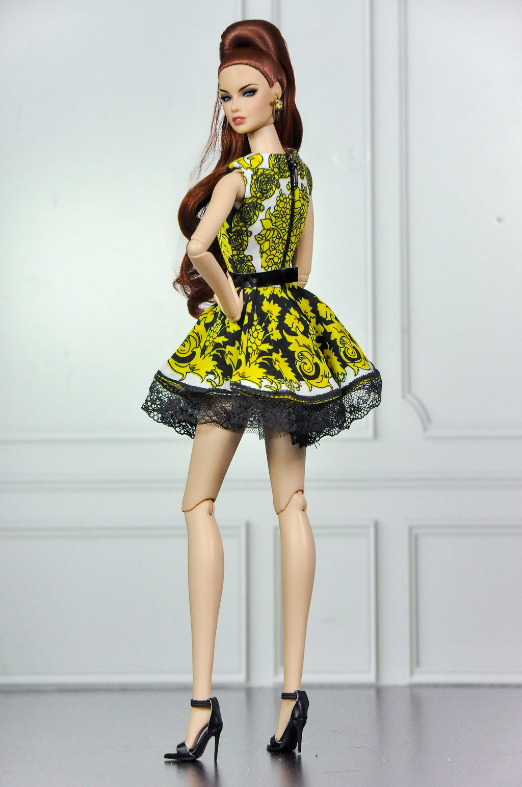 BASIC | Black Faux Fur Coat & Yellow Zipper Dress for Fashion Royalty Dolls | 1/6 Doll Clothes