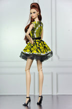 BASIC | Black Faux Fur Coat & Yellow Zipper Dress for Fashion Royalty Dolls | 1/6 Doll Clothes