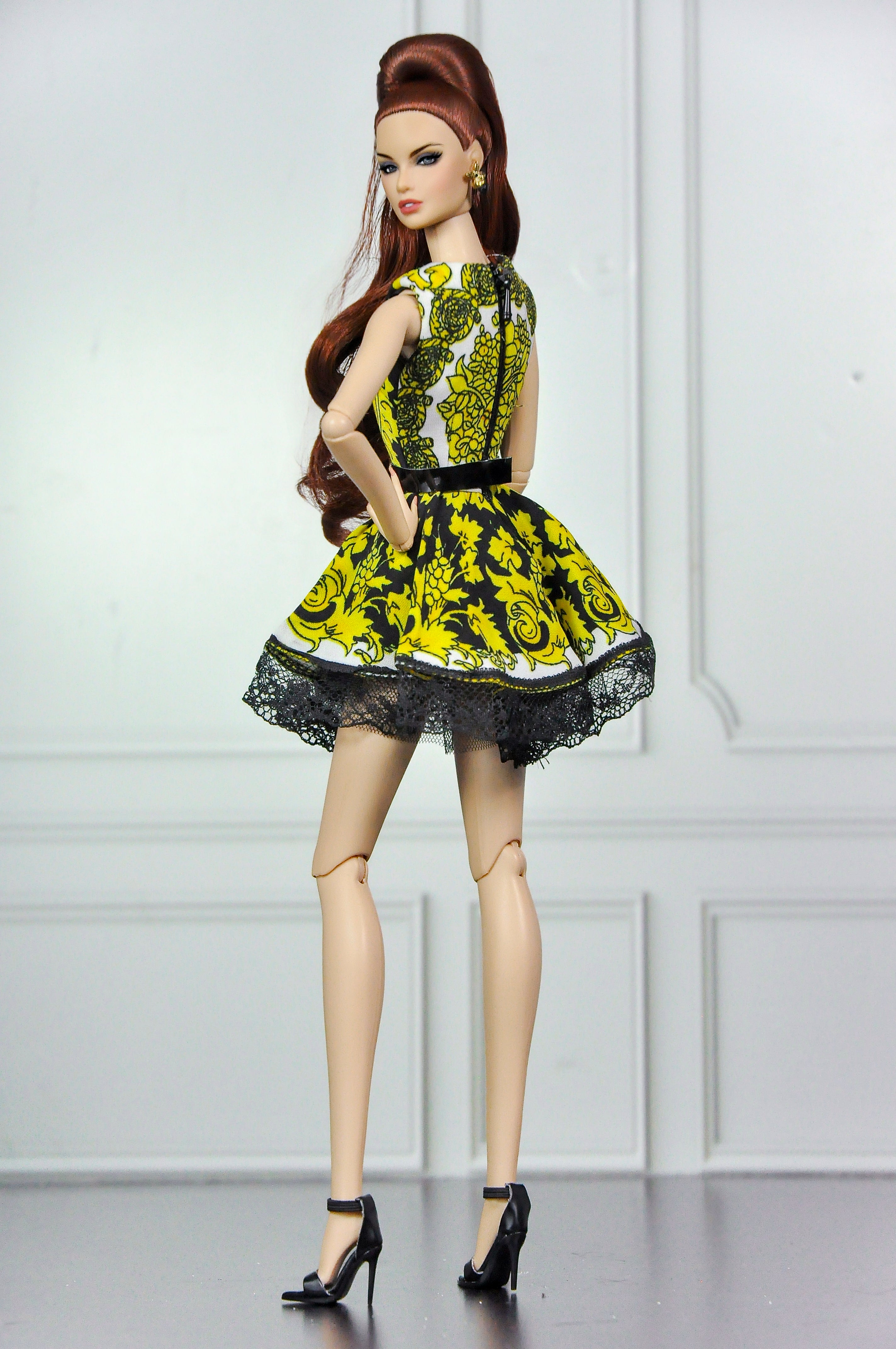 BASIC | Black Faux Fur Coat & Yellow Zipper Dress for Fashion Royalty Dolls | 1/6 Doll Clothes