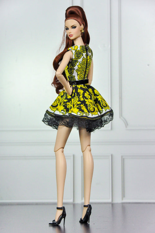 BASIC | Black Faux Fur Coat & Yellow Zipper Dress for Fashion Royalty Dolls | 1/6 Doll Clothes