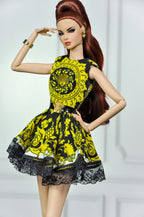 BASIC | Black Faux Fur Coat & Yellow Zipper Dress for Fashion Royalty Dolls | 1/6 Doll Clothes